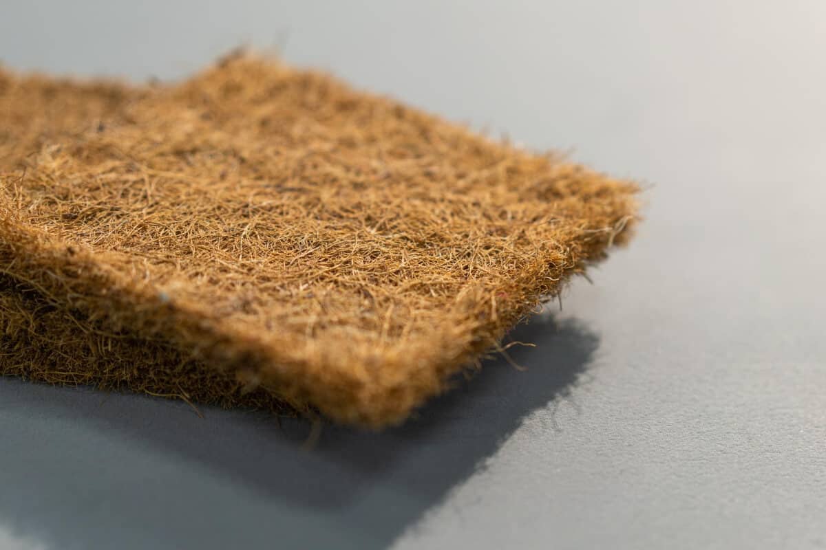 A close-up image of two natural coco coir pads stacked on a flat, light gray surface.