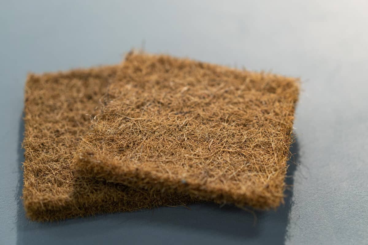 Two square pieces of coir, a natural fiber extracted from coconut husks, are placed on a smooth, light blue surface.