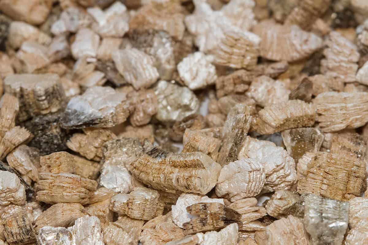 A close-up image of a collection of irregularly shaped beige and light brown vermiculite mineral fragments.