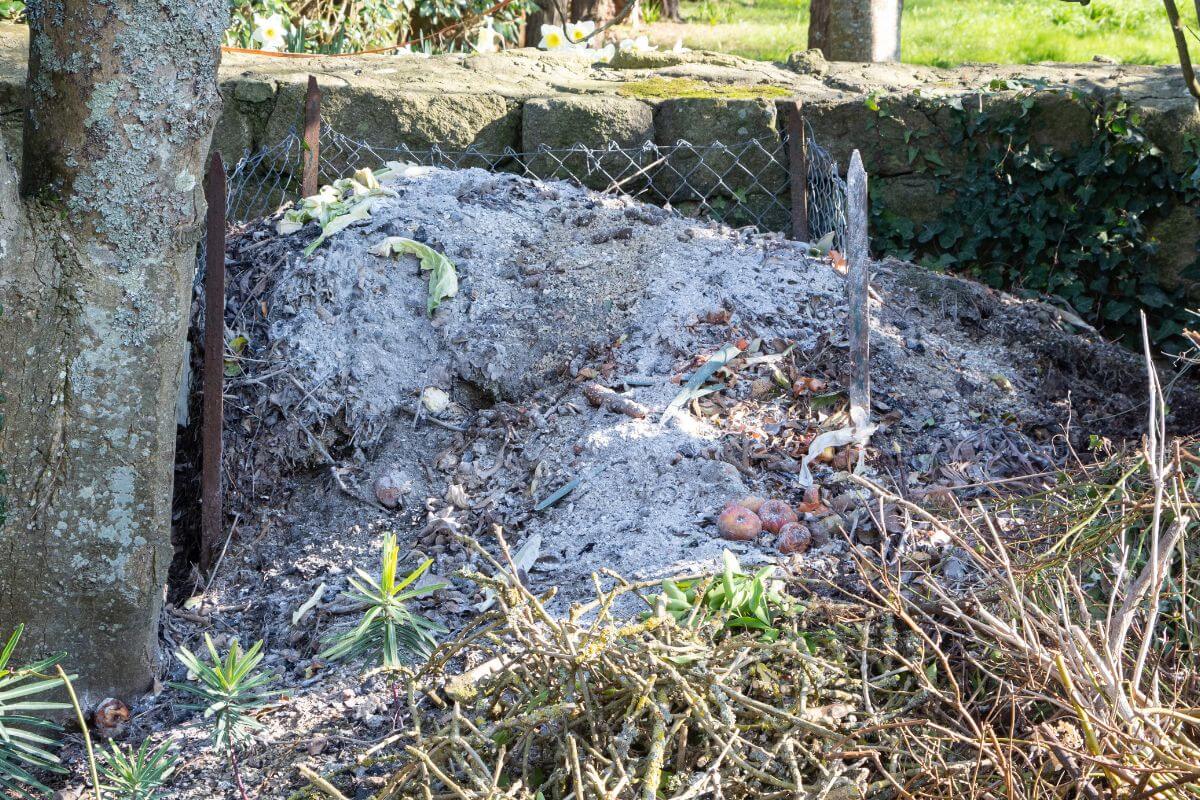 A backyard compost pile with various organic materials, including vegetable scraps and branches, mixed with ash in compost.