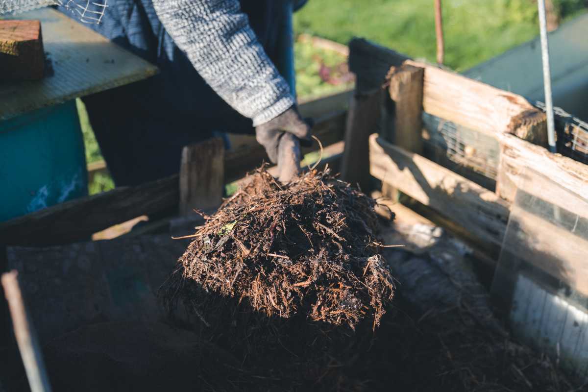 A person wearing a glove and a blue jacket is holding a clump of organic compost, in an outdoor setting that includes a wooden structure. 