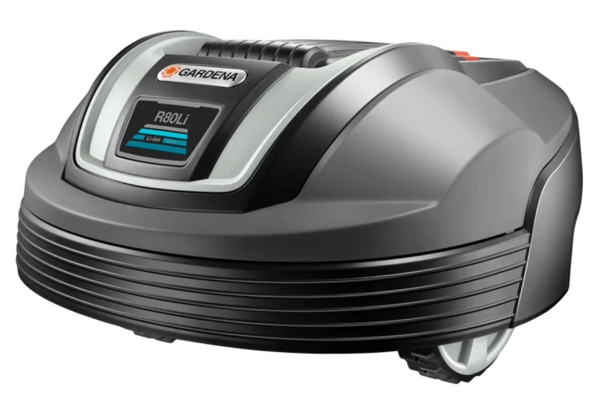 A grey Gardena 4069 R80Li robotic lawn mower is shown on a white background. 