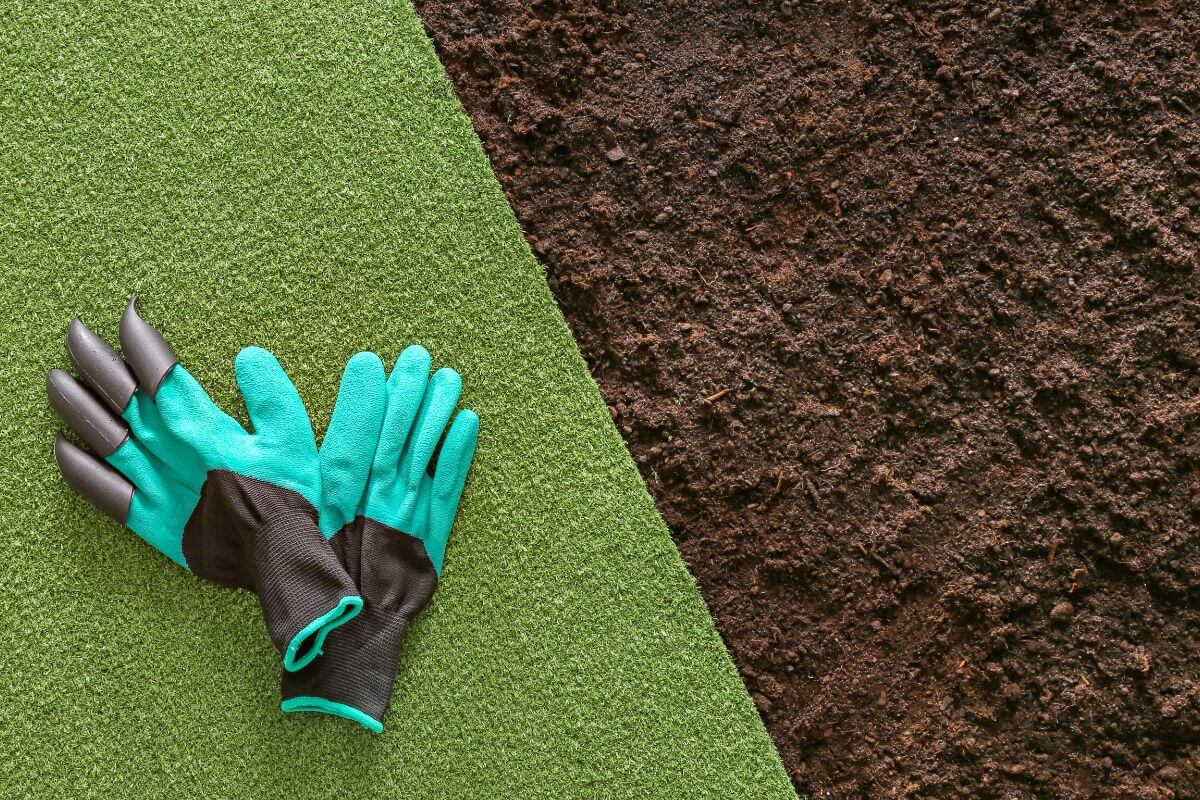 Gardening gloves with claw tips on a green mat next to dark, fertile soil.