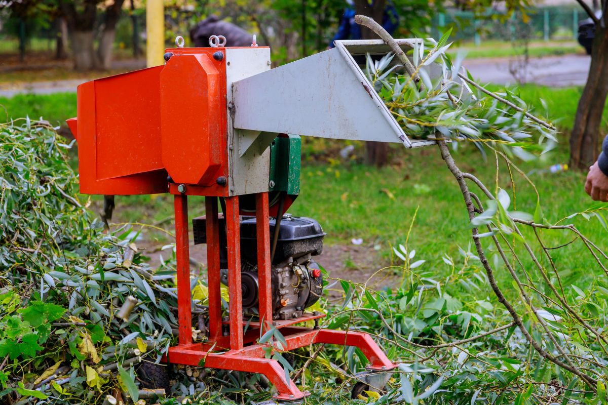 A chipper shredder in use in a grassy area, with branches being fed into the machine. 