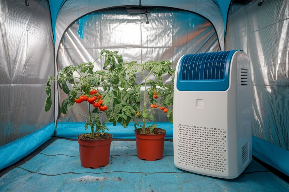 Two potted tomato plants with red fruit sit on a blue tarp inside a reflective grow tent.