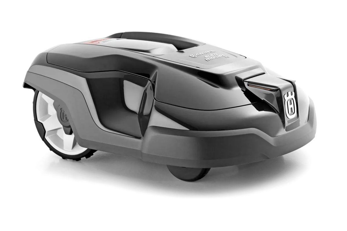 A sleek, black Husqvarna Automower 315 with a modern design. 