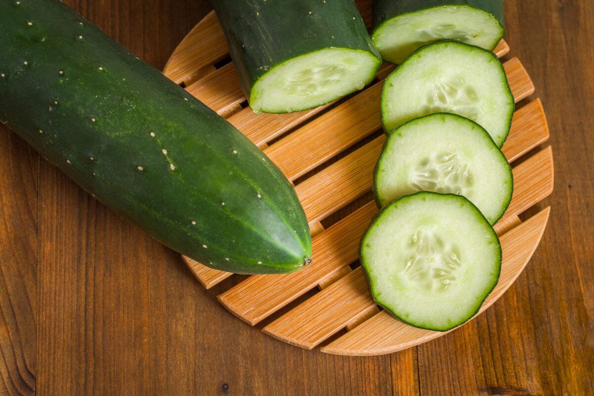 A fresh cucumber, partly sliced, on a round wooden cutting board on a wooden surface. Slices are neatly arranged nearby.