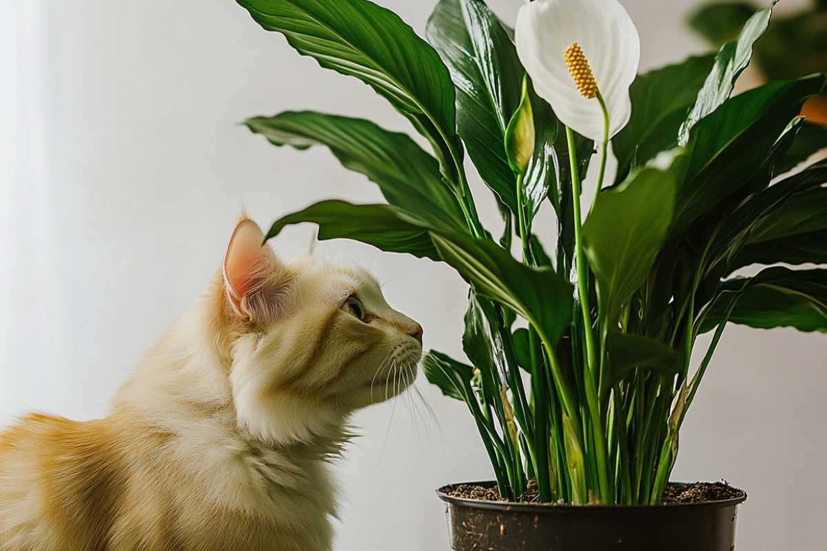 A fluffy beige cat curiously looks at a blooming peace lily in a black pot. 