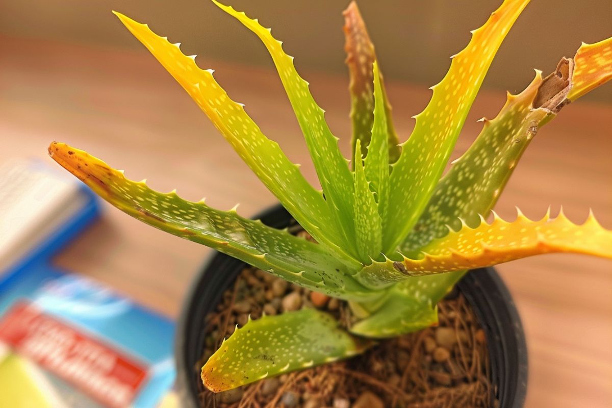 An underwatered aloe plant in a black pot. The leaves are green with yellow tips and white speckles and have serrated edges. 