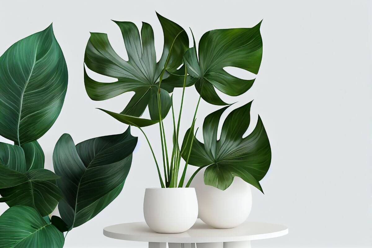 A white pot with large, glossy, dark green Monstera leaves sits on a round, white table against a light grey background. 