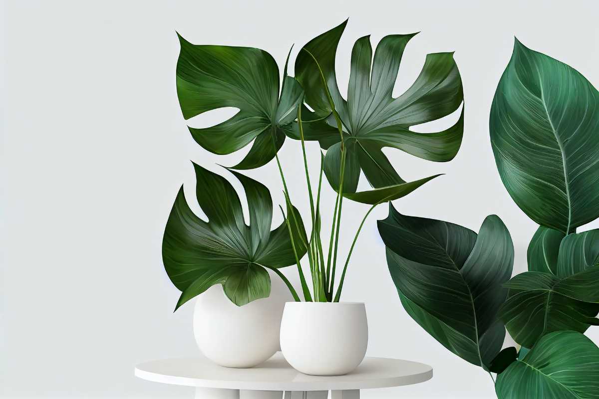 Three lush green plants with large leaves, known to be among the hardest houseplants to care for, are placed in white pots on a round white table, set against a light gray background.