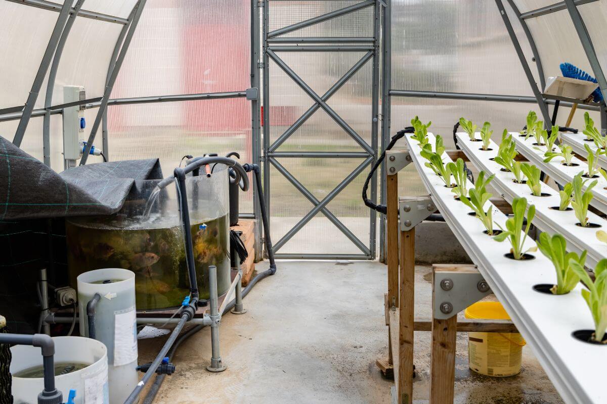 A greenhouse interior featuring an aquaponic system. On the right, there's an NFT system with rows of young leafy greens grow in a white, elevated structure. On the left, a tank with fish.