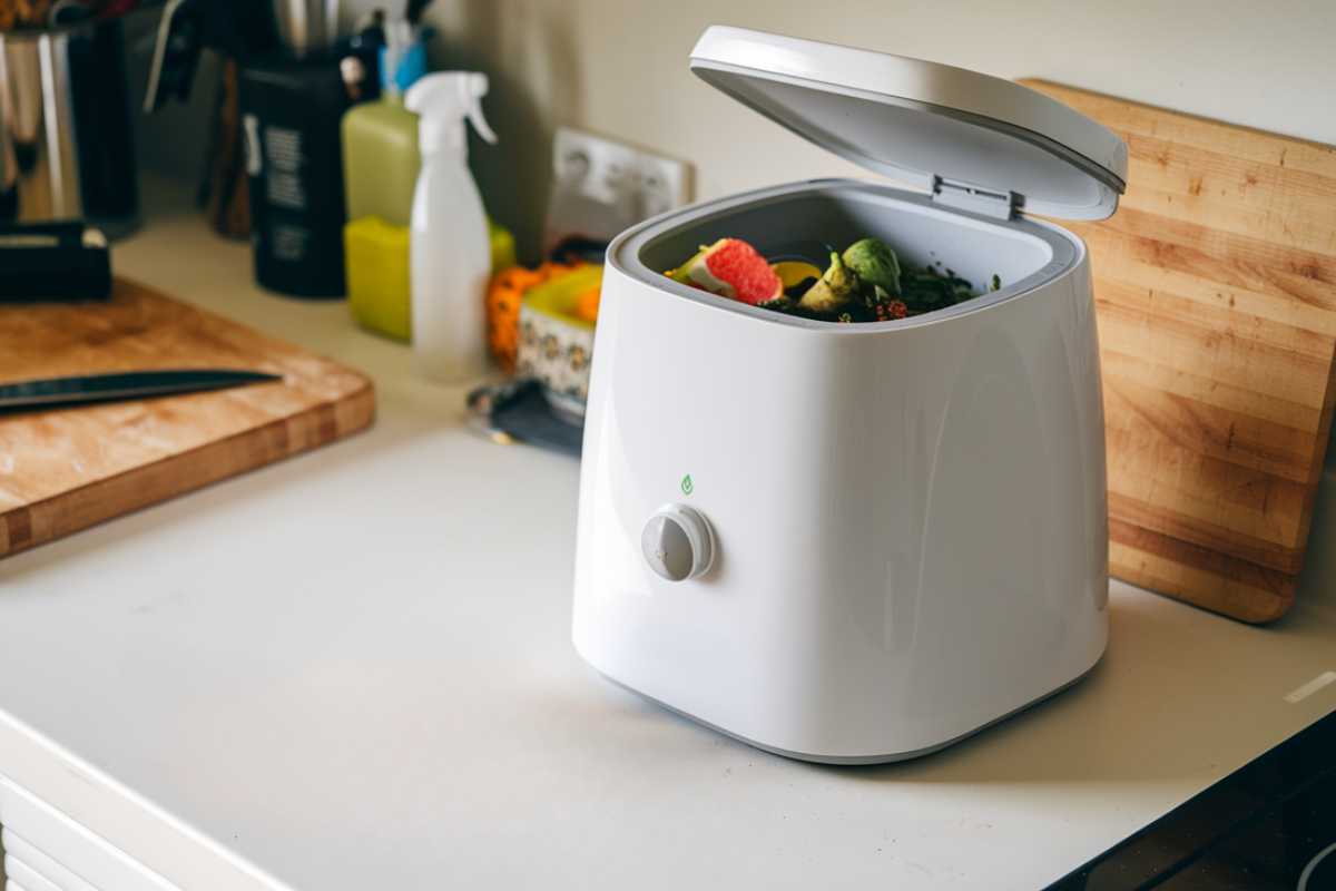 A white composting machine, touted as the best compost machine, sits with its lid open on a kitchen countertop. 