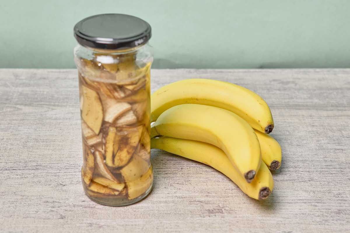 A jar filled with sliced bananas preserved in liquid stands on a wooden surface next to a bunch of four fresh banana.