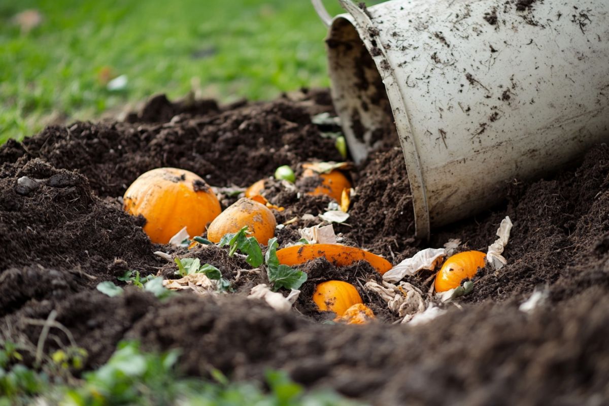 A white bucket tipped over, spilling orange pumpkins and paper scraps into a garden bed filled with dark soil.