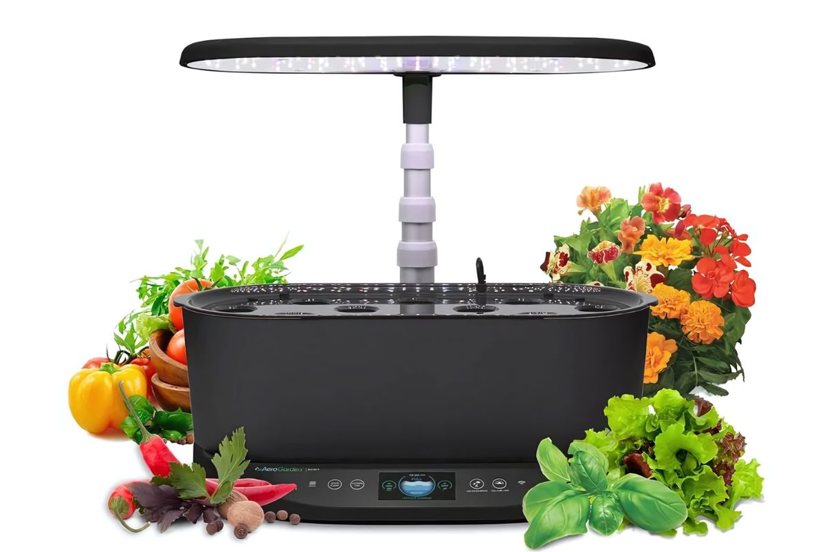 A sleek black AeroGarden System with an adjustable LED grow light is surrounded by an array of fresh vegetables, herbs, and vibrant flowers. 