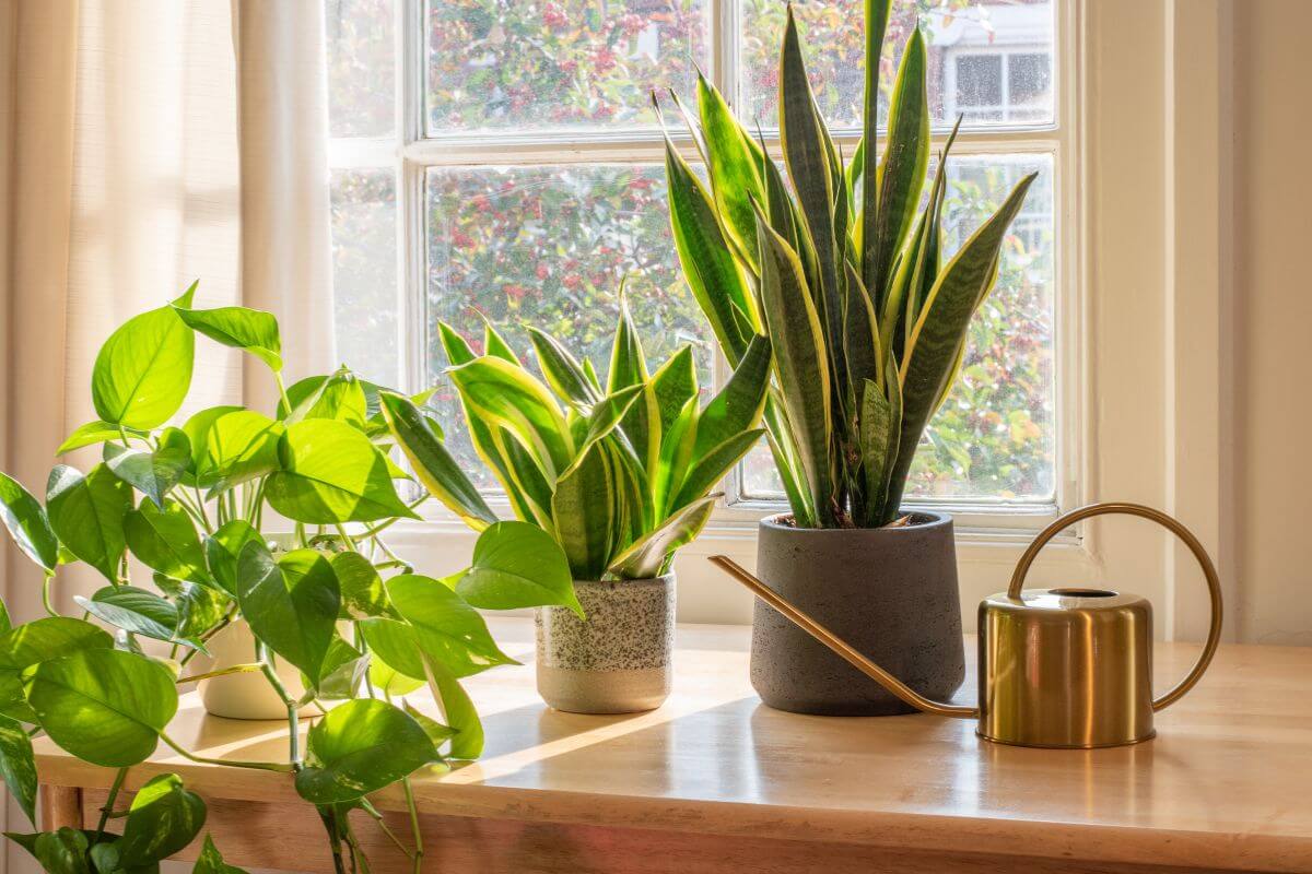 Three potted houseplants sit on a sunlit windowsill, ideal for indoor gardening for beginners.