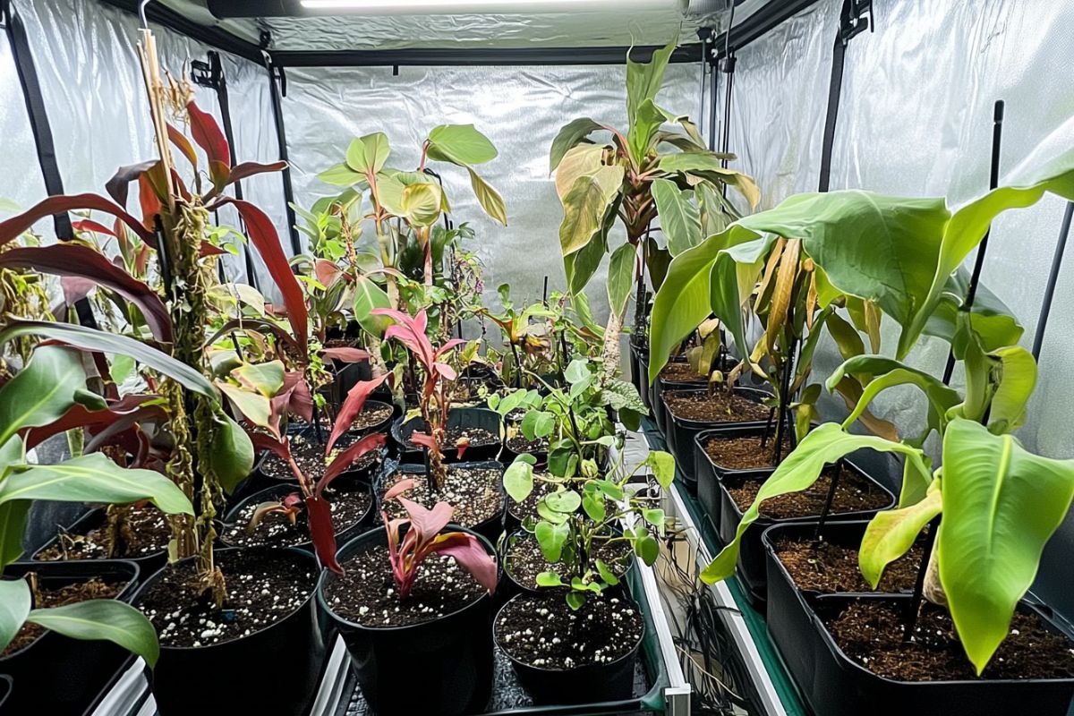 A well-lit indoor grow tent setup with multiple potted plants on metal shelves.