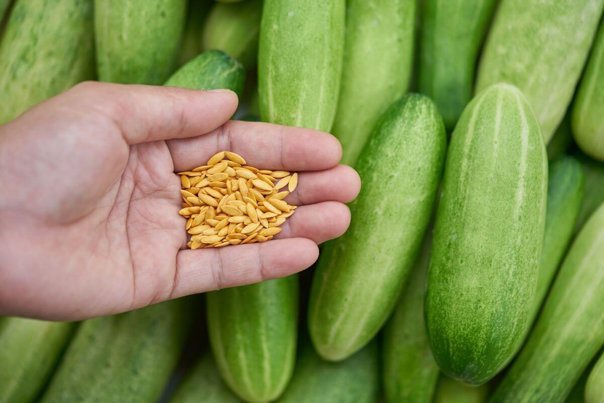 A hand holding a small pile of cucumber seeds with cucumbers in the background. The cucumbers are green and vary in shade and size. 