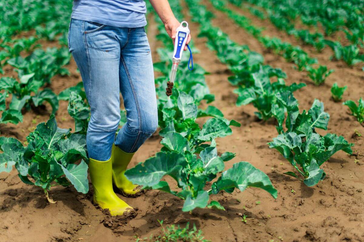 A person in yellow rubber boots and blue jeans stands in a field of green leafy crops, holding a soil pH tester.