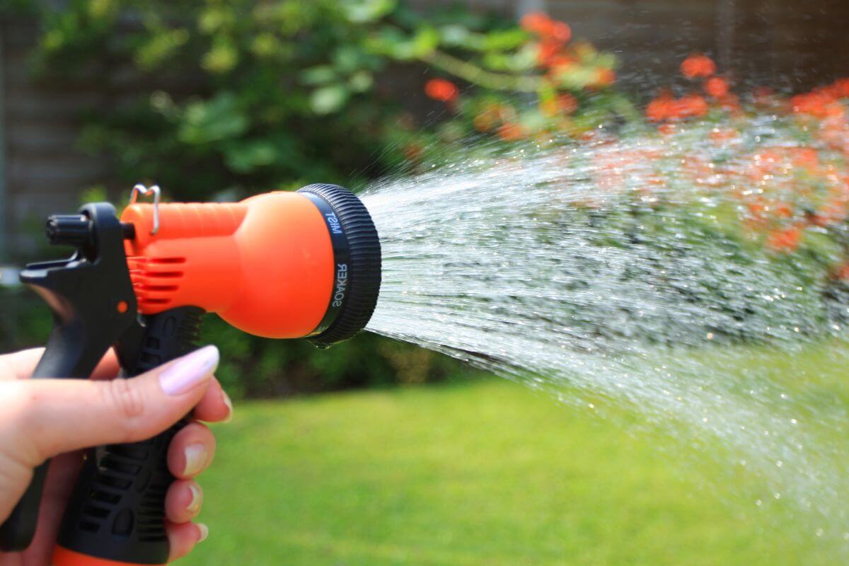 A person holds an orange and black garden hose nozzle, spraying water in a fine mist over a lush green lawn. 