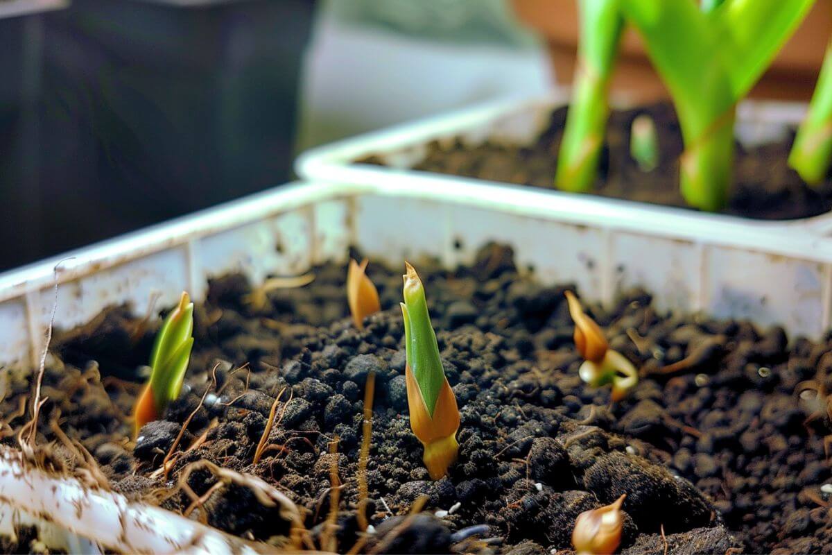 Green seedlings of bird of paradise plants sprouting from soil in white containers. The soil appears moist and newly turned, with small pebbles and organic debris visible. 