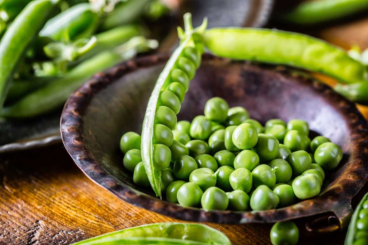 Fresh green peas, both in and out of their pods, displayed in a rustic, brown dish.