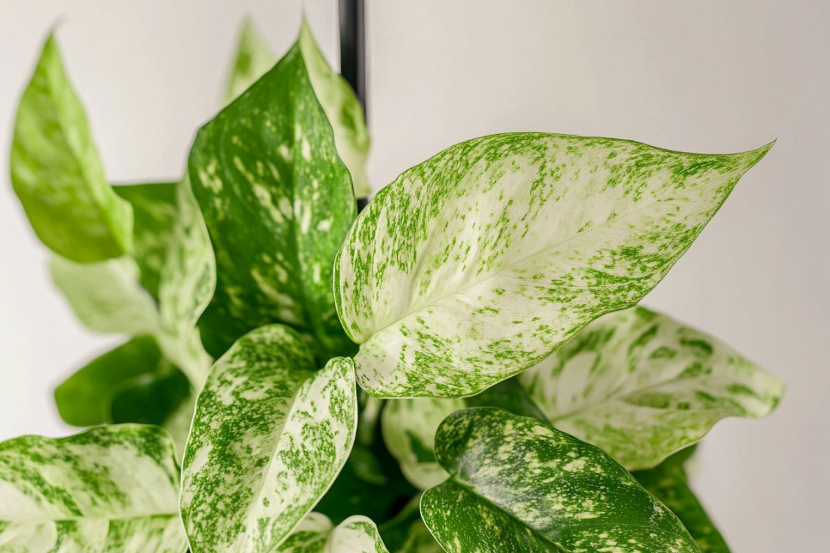 Close-up of a snow queen pothos plant showcasing variegated green and white leaves.