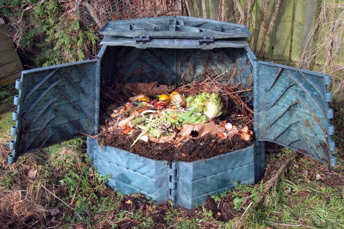 An open compost bin outdoors, filled with various organic materials such as vegetable scraps, leaves, and twigs. 