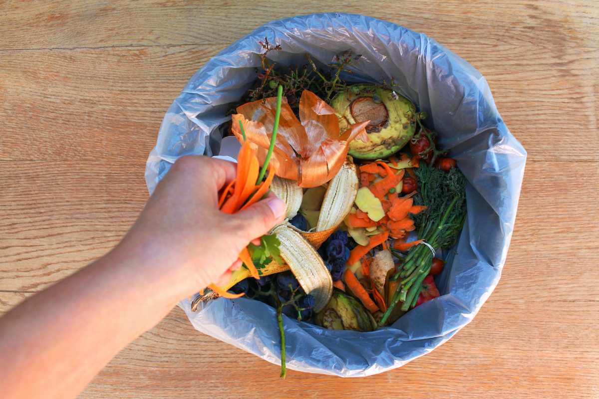 A hand holding vegetable peels and placing them into a garbage bin filled with various compost ingredients including avocado skin, banana peel, and carrot tops. 