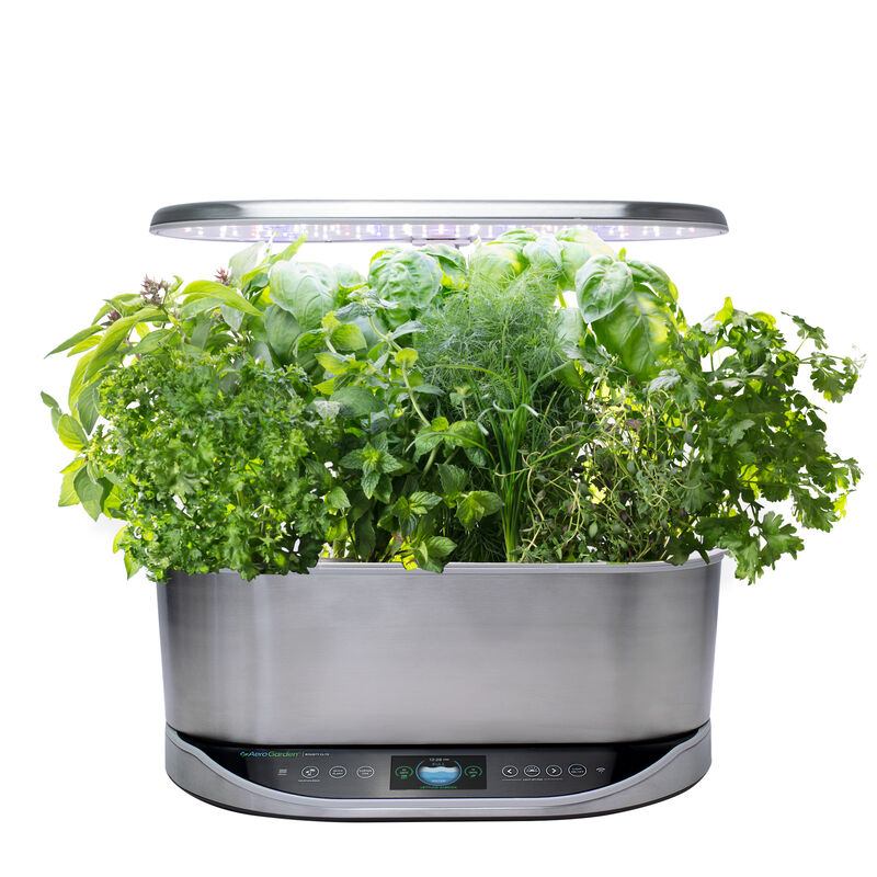 AeroGarden Bounty Elite with a brushed metal finish, featuring a variety of lush green herbs such as basil, thyme, and parsley.