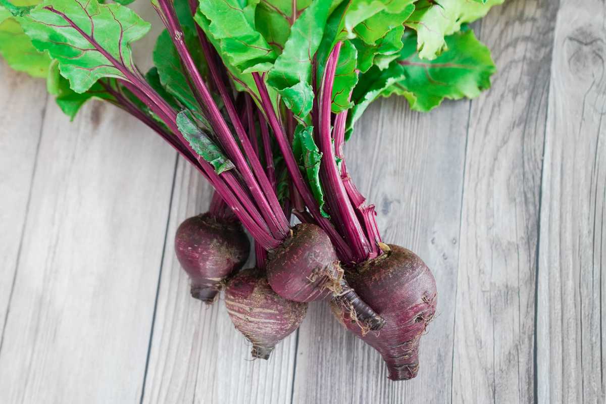 Three freshly harvested beetroots with vibrant green leaves and purple-red stems lie on a rustic wooden surface. 