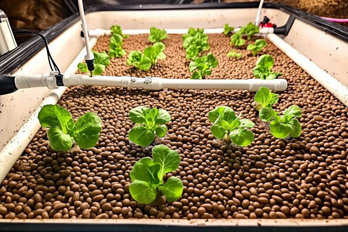 A hydroponic garden with young leafy green plants growing in a rectangular container filled with hydroponic clay pebbles.