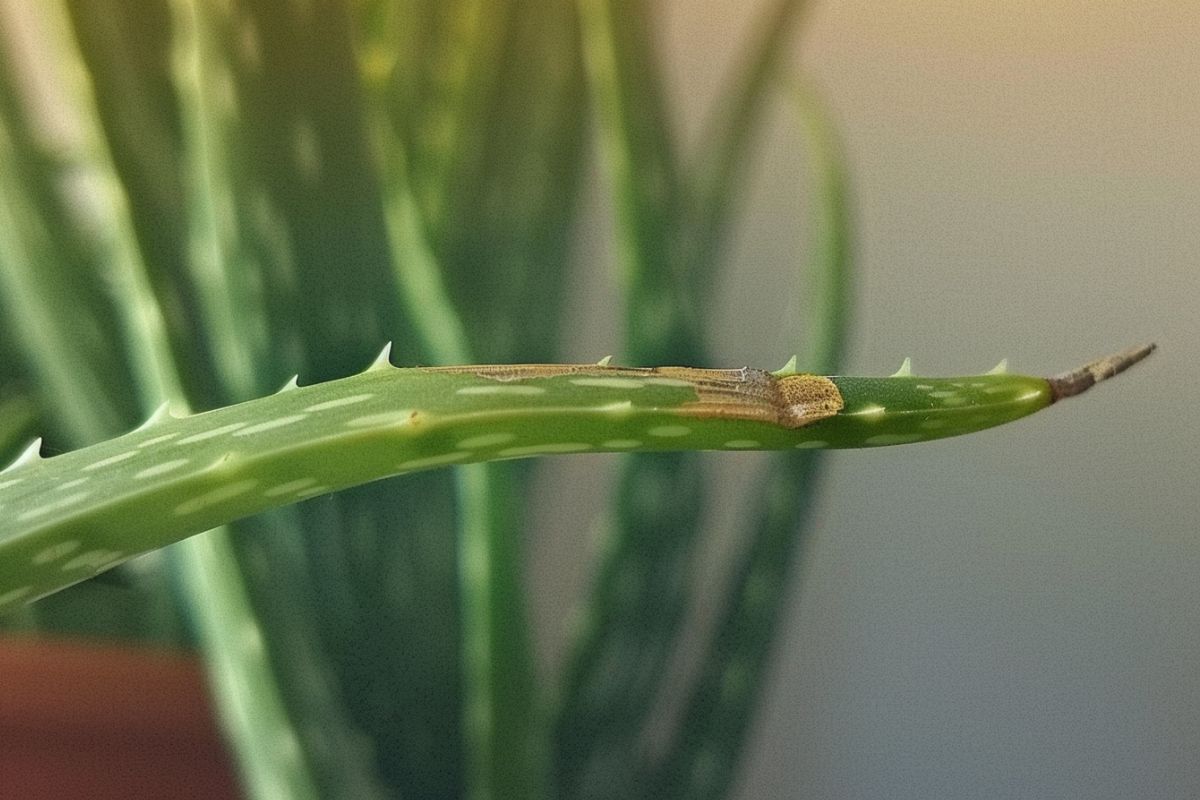 Close-up of a green underwatered aloe vera leaf. The aloe plant has a brown tip, possibly dried out.