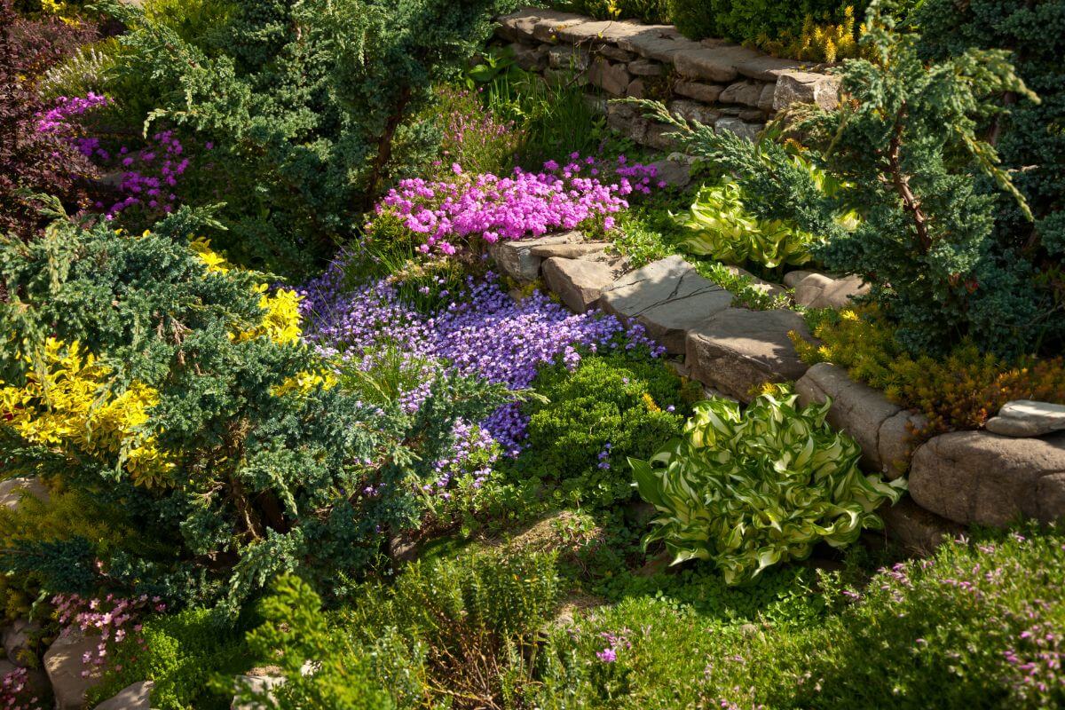 A vibrant cottage garden with lush green foliage and colorful flowers, including purple and pink blooms. Plan a garden like this with stone borders and winding pathways for a serene, natural look.