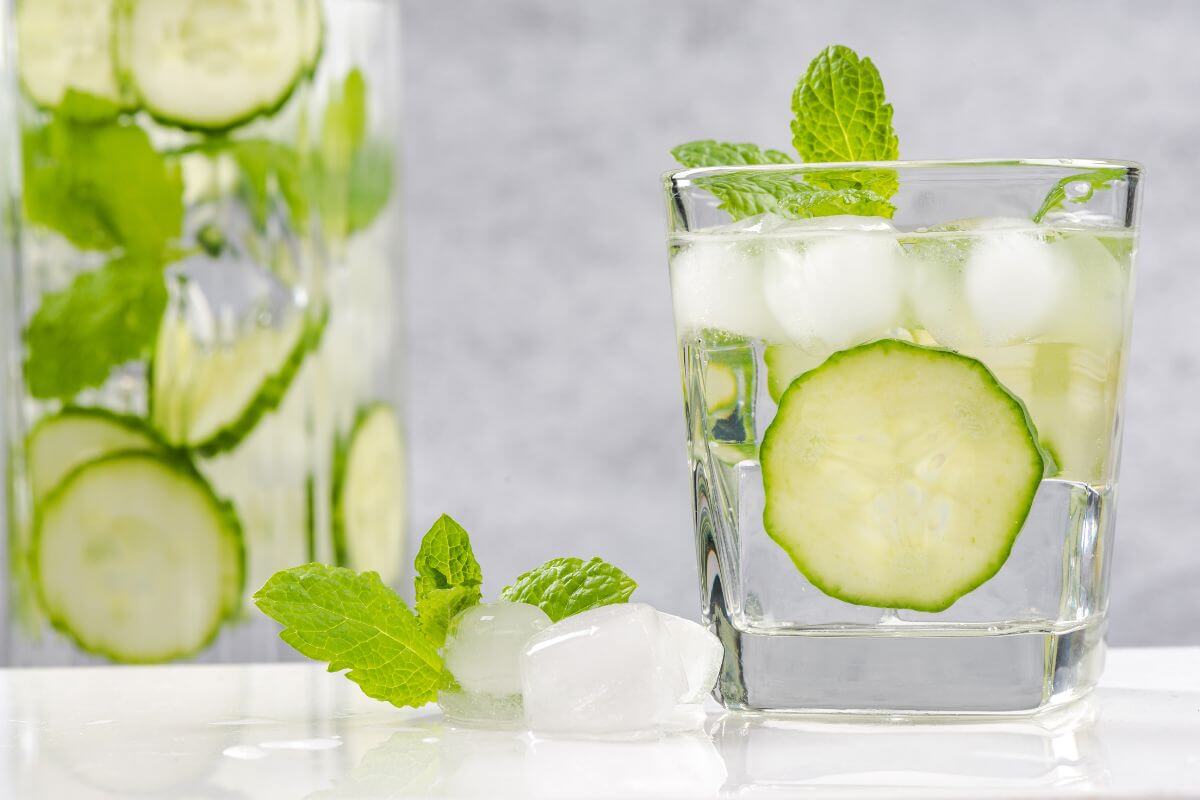 A refreshing drink in a glass with ice, cucumber slices, and mint on a white surface. Ice cubes and mint sprigs scatter nearby, with a blurry pitcher in the background.