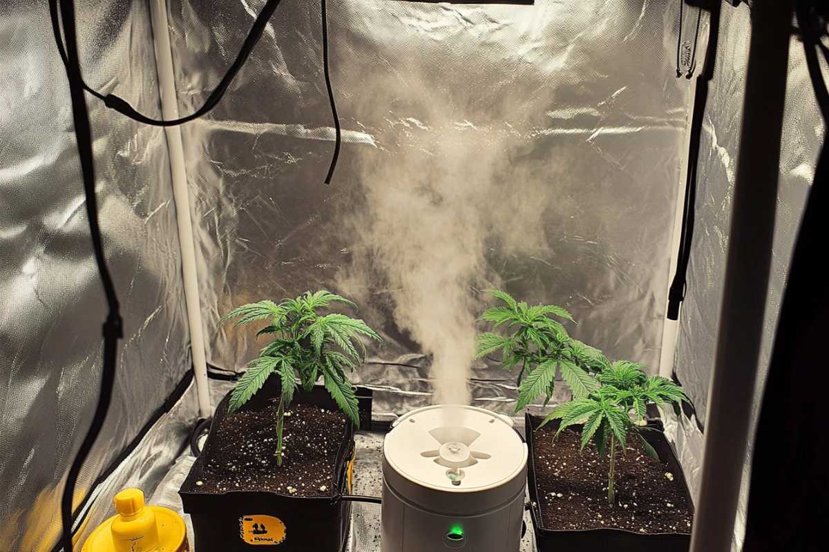 A small indoor cultivation setup with three plants in black pots. Positioned as the best humidifier for grow tent environments, a central humidifier emits vapor, surrounded by silver reflective walls to enhance light distribution.