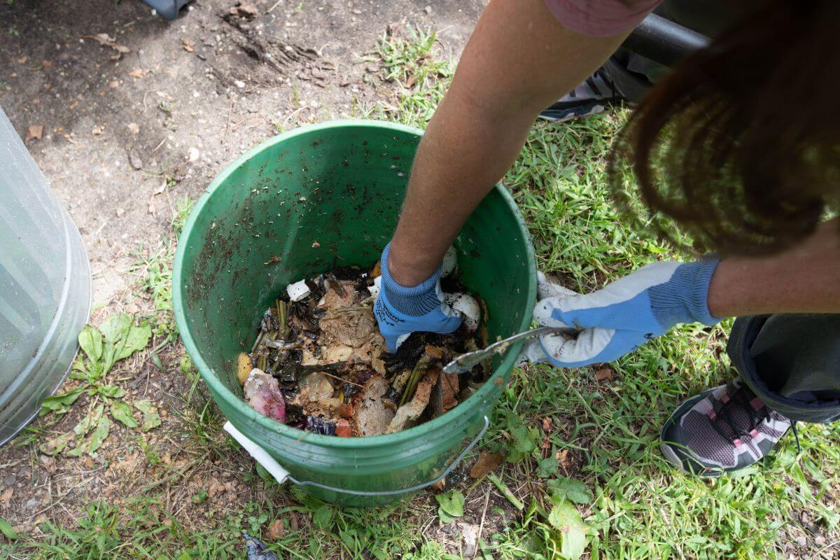 A person wearing blue gloves sorting through a green bucket filled with various types of waste, including food scraps, outdoors.