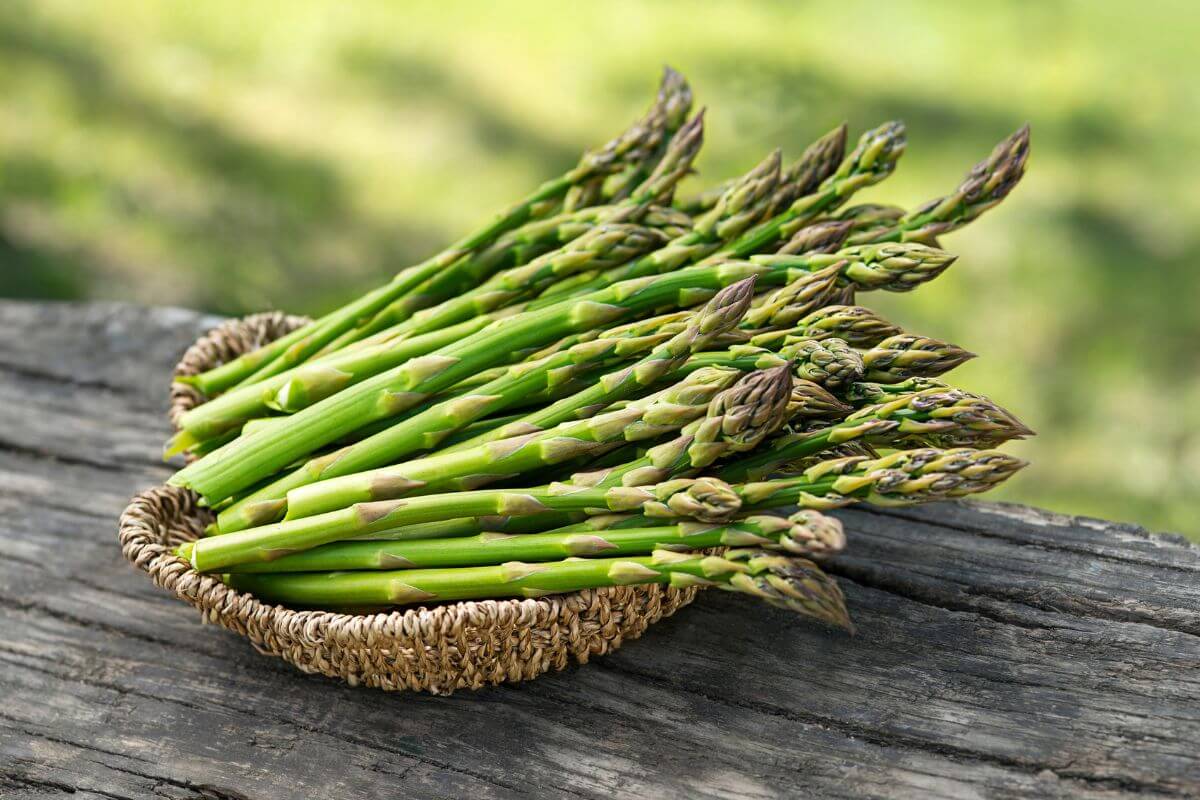 A bundle of fresh green asparagus spears displayed in a woven basket, resting on a rustic wooden surface outdoors.