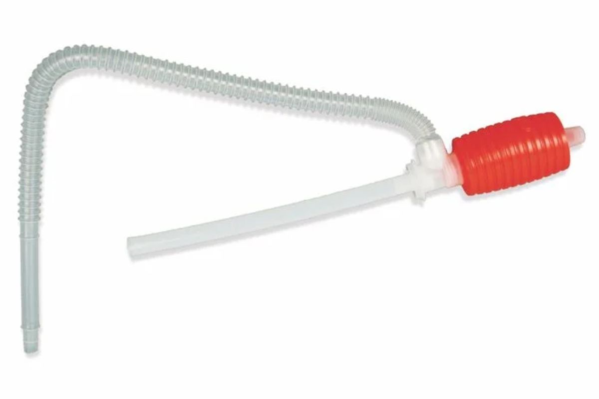 A hand siphon pump with a flexible hose and a red accordion-style pump bulb, perfect for transferring liquids from one container to another. 
