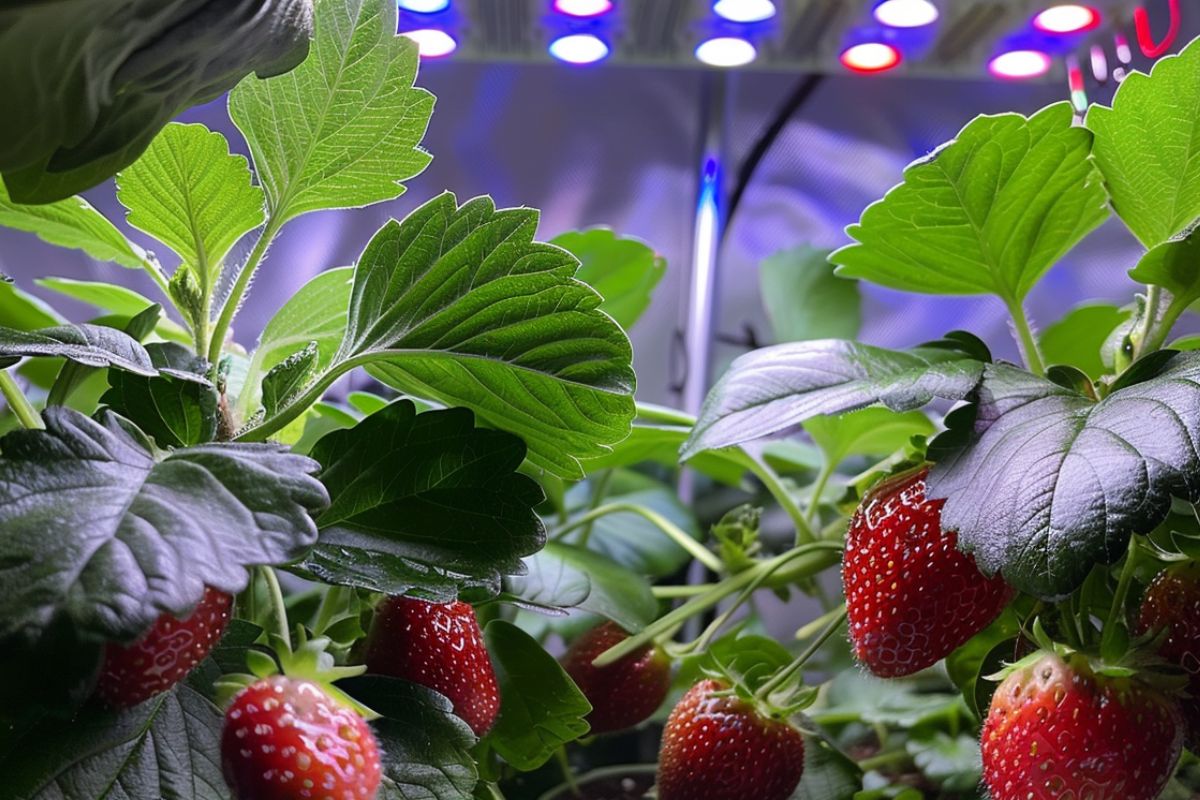 Close-up of thriving strawberry plants in an AeroGarden under LED grow lights. Vibrant green leaves and ripe, red strawberries are highlighted by the blue, red, and white LED lights.