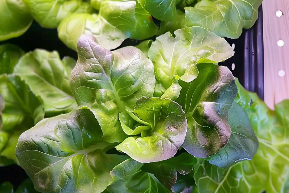 Close-up of fresh, green butterhead lettuce leaves growing in an AeroGarden. The leaves are crisp, slightly curled, and have a vibrant green color.