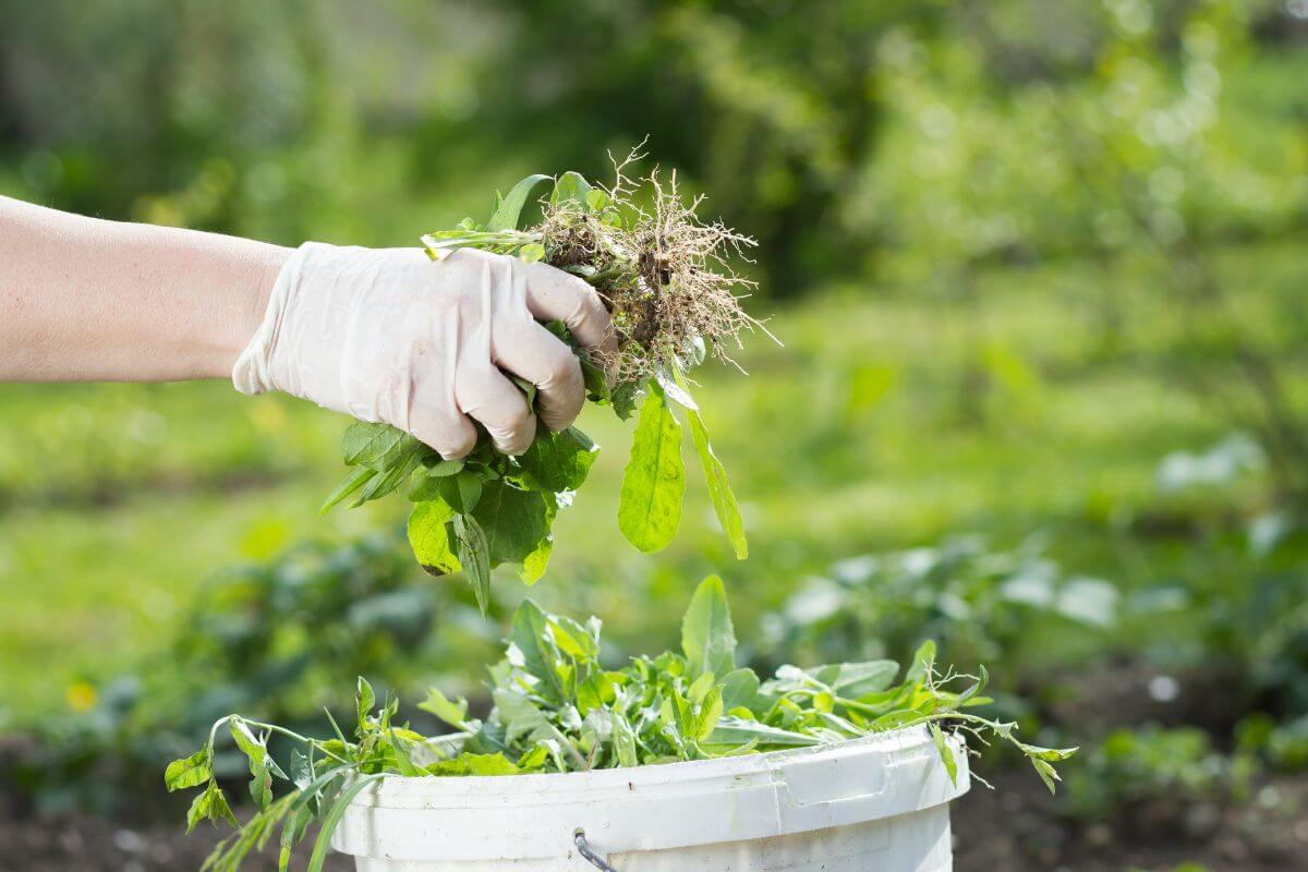 A gloved hand holding a bunch of freshly pulled weeds above a white bucket filled with more compost weeds.