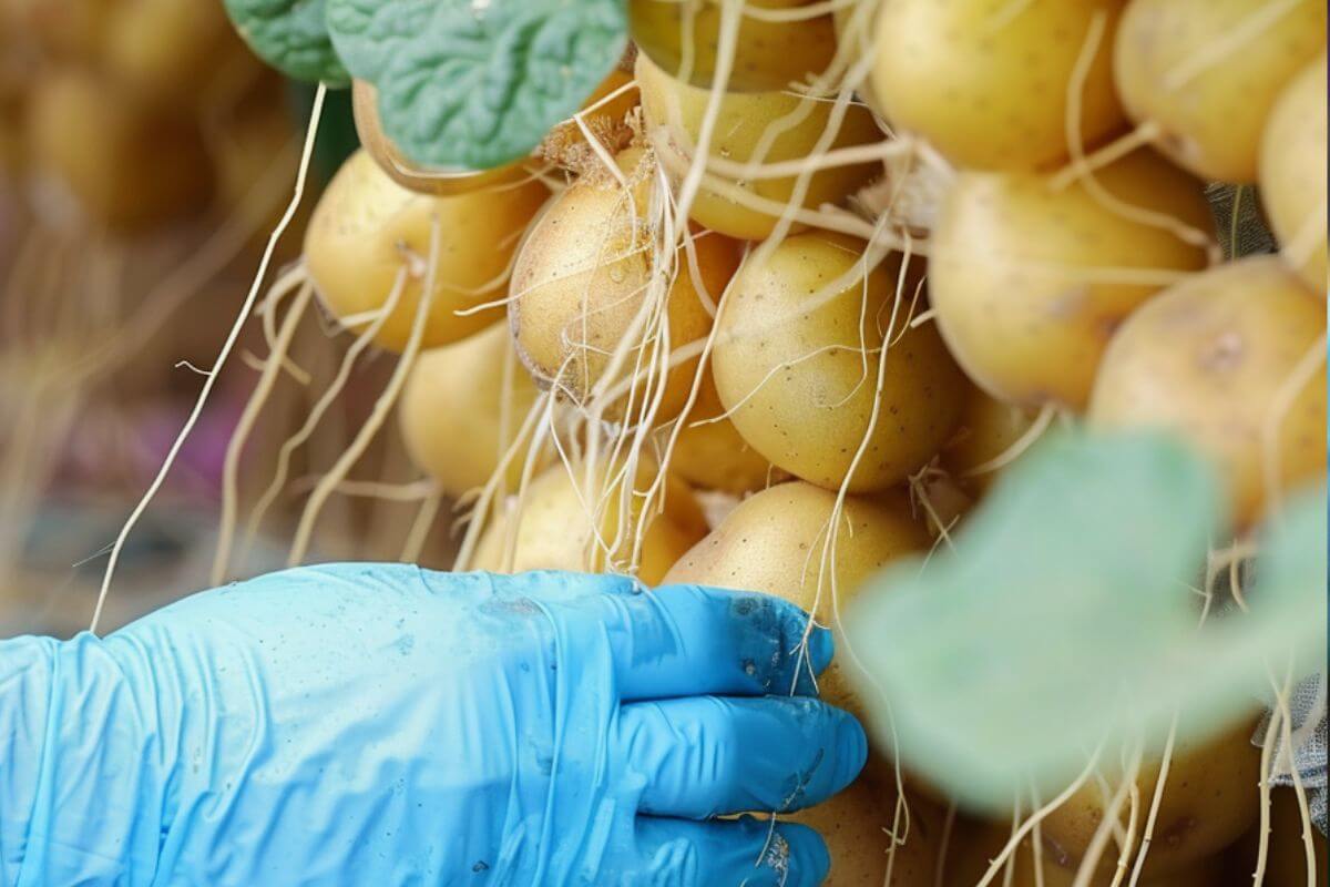 Close-up of a gloved hand harvesting hydroponic potatoes from a vine.