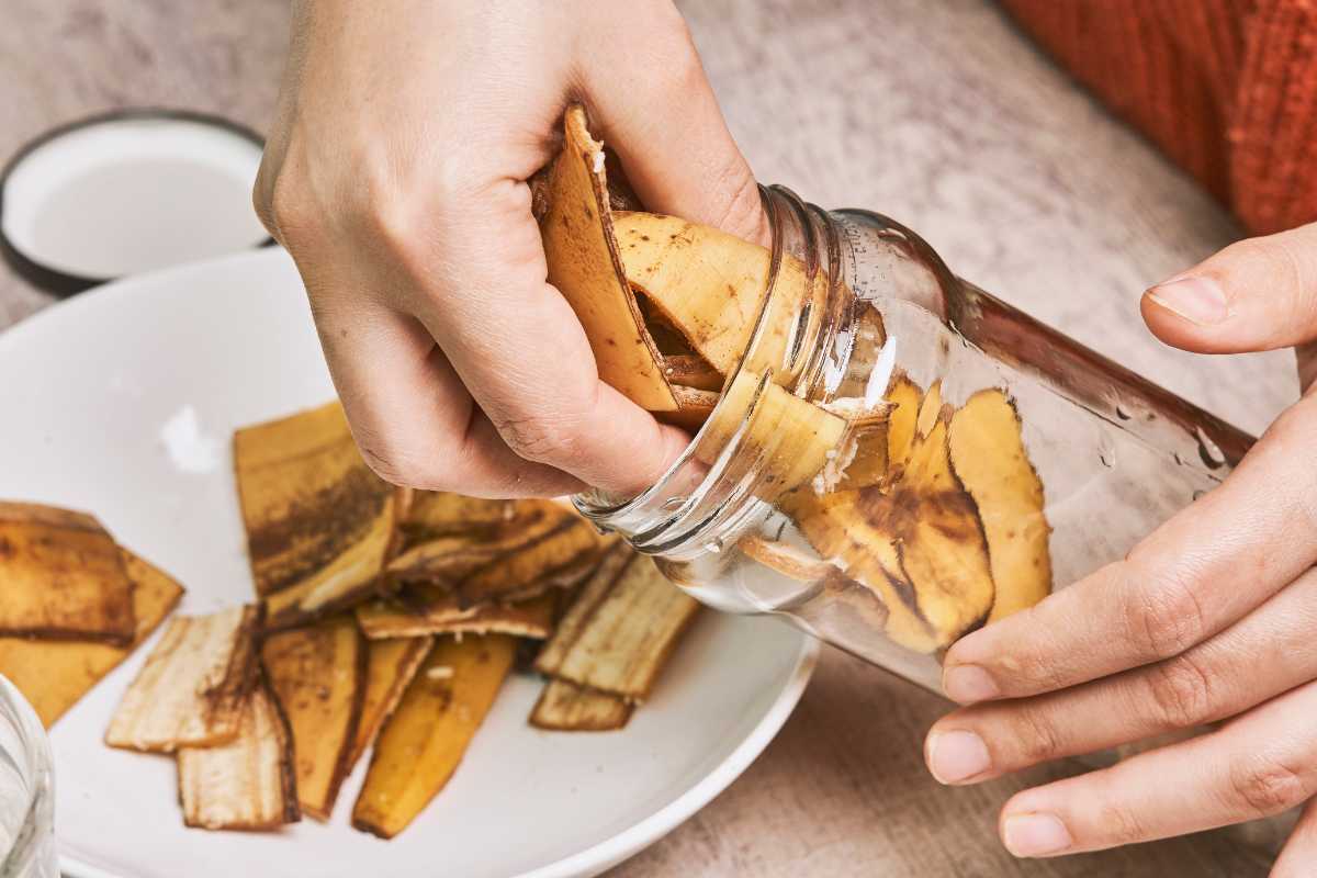 A person is placing thinly sliced, banana peels into a glass jar.