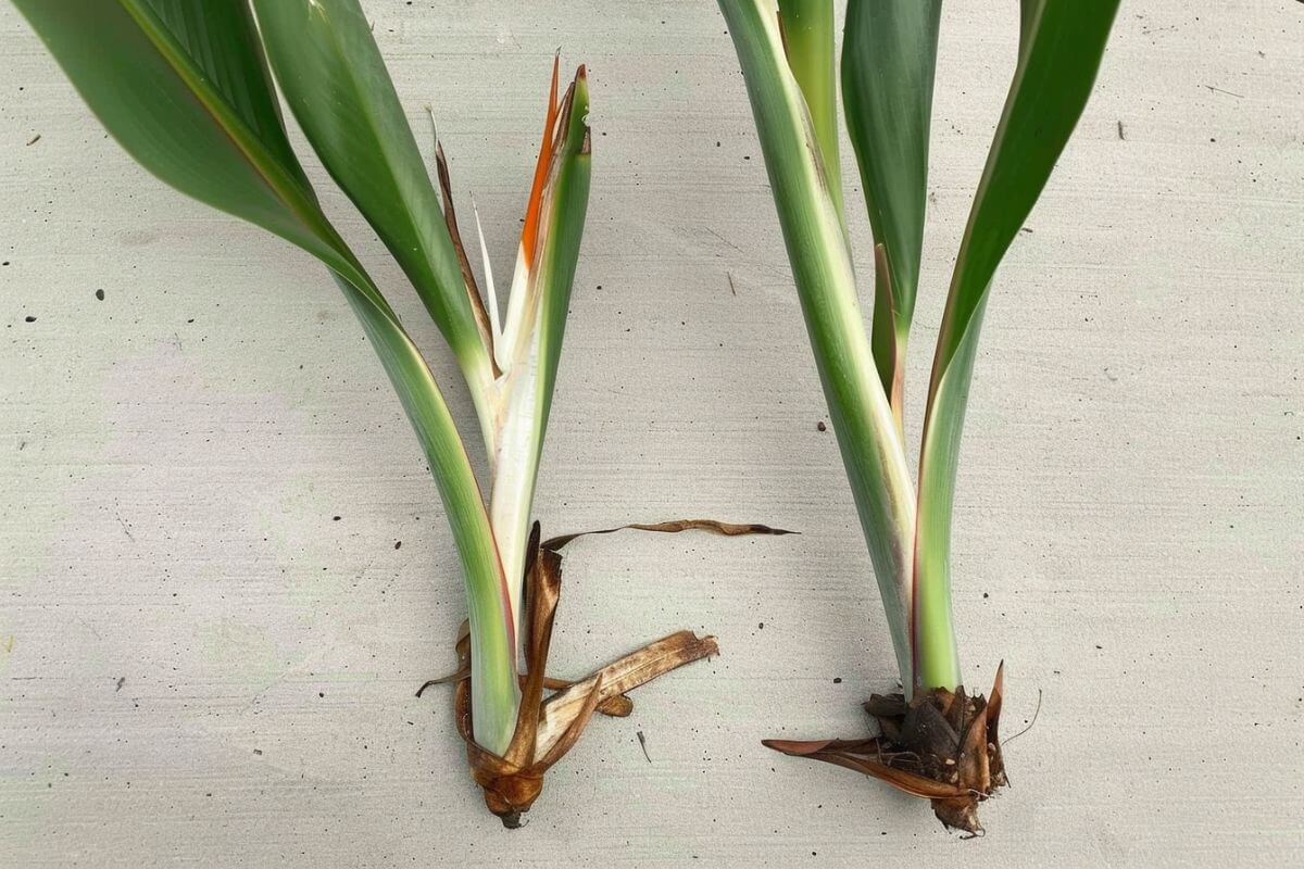 Two young bird of paradise plants with long, pointed leaves shown horizontally with short bulbous roots lying on a flat light-colored surface. 