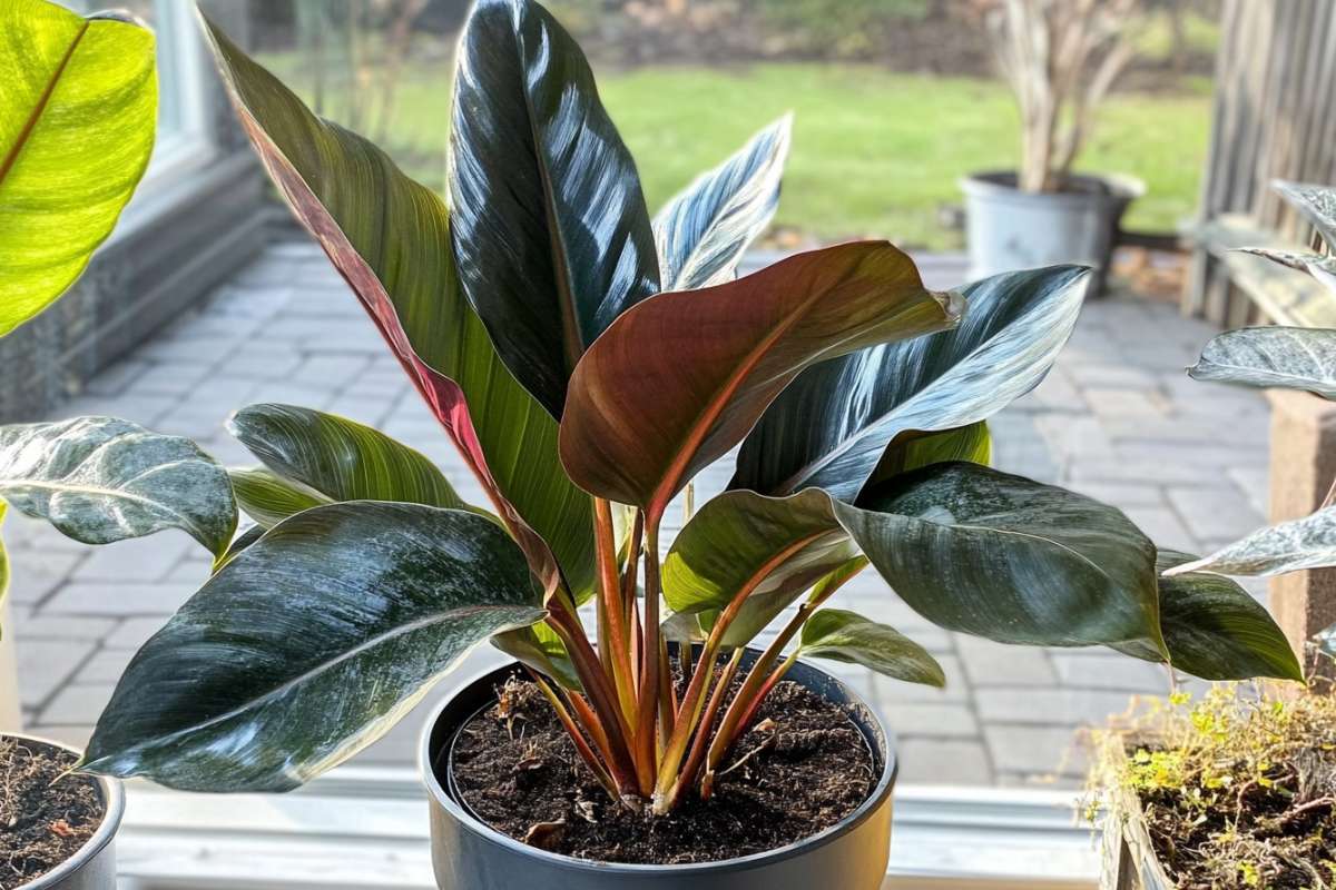 A Black Cardinal plant sits on a porch in partial shade, receiving just the right amount of bright, indirect light.