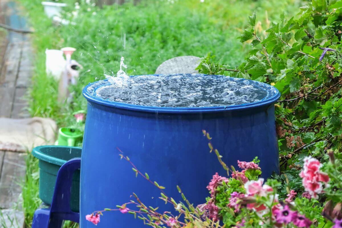 A blue barrel overflows with rainwater in a garden, surrounded by wet flowers and greenery. 