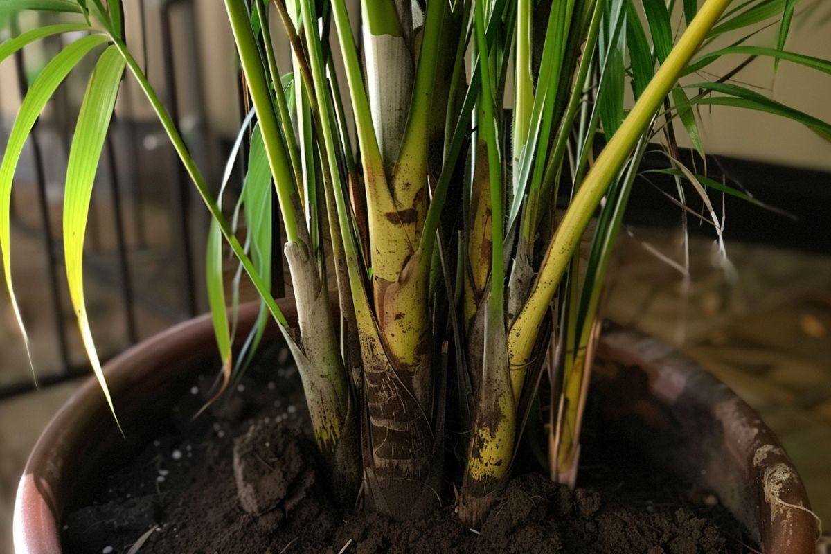 Base of an areca palm plant in a round pot. The green and brown stems emerge from dark soil, with tall, narrow leaves extending upwards, some drooping slightly. 