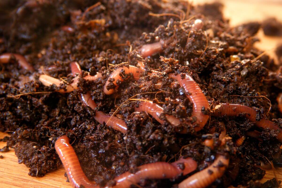 Close-up of a group of red wigglers wriggling through dark, moist soil.